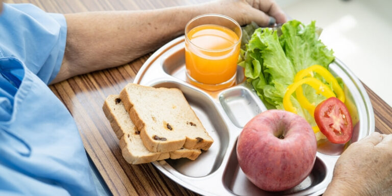 Nutritious Meal Tray with Vegetables Bread and Juice at an Independent Living Facility